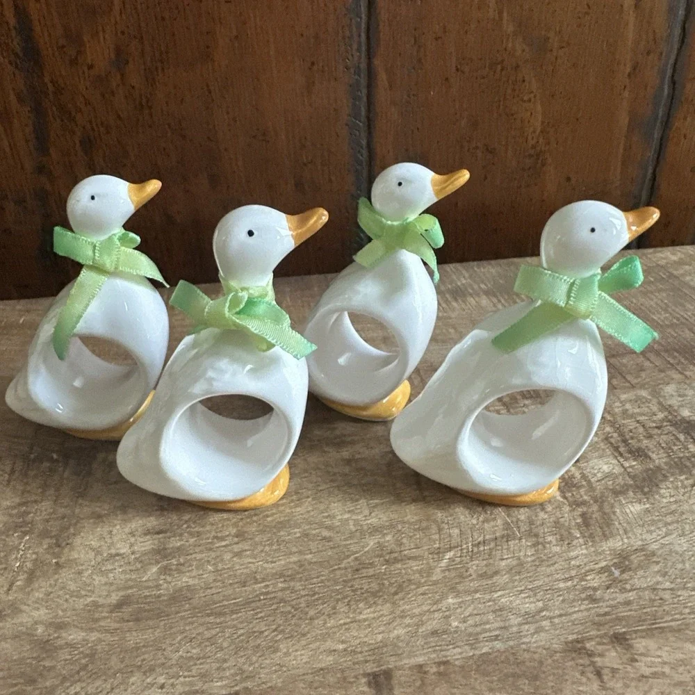 Vintage Ron Gordon Designs 1983 4 Napkin Rings Porcelain Geese Duck Goose EUC